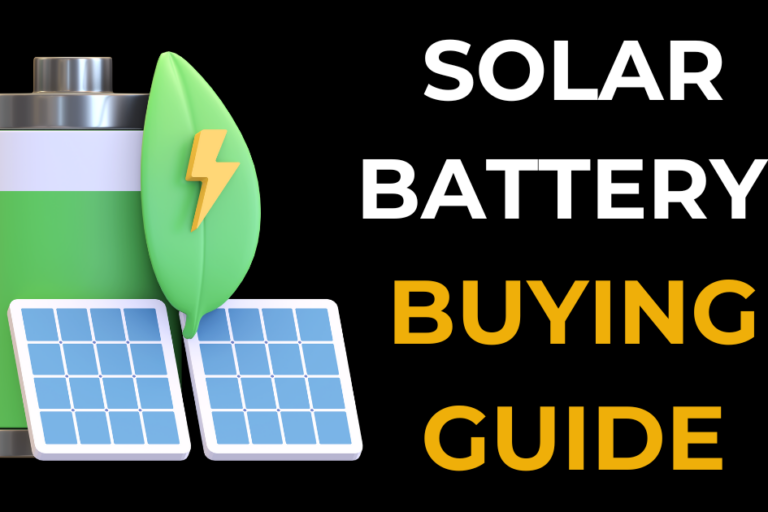 solar battery buying guide: everything you need to know. A clipart image of solar panels, a green leaf, lightning symbol, and battery appear to the left of the words.