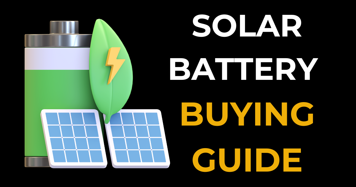 solar battery buying guide: everything you need to know. A clipart image of solar panels, a green leaf, lightning symbol, and battery appear to the left of the words.