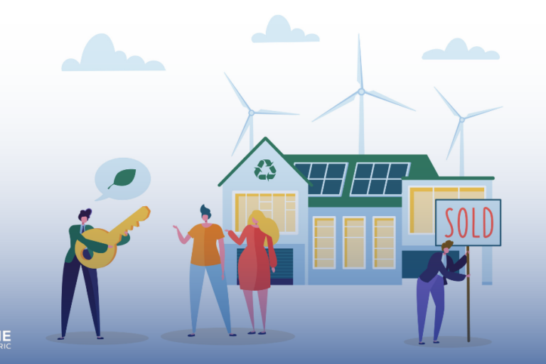 Eco House Concept with Happy People Buying new Home. Real Estate Agent with Clients and Key. Ecology Green Energy, Solar and Wind Power. Vector illustration