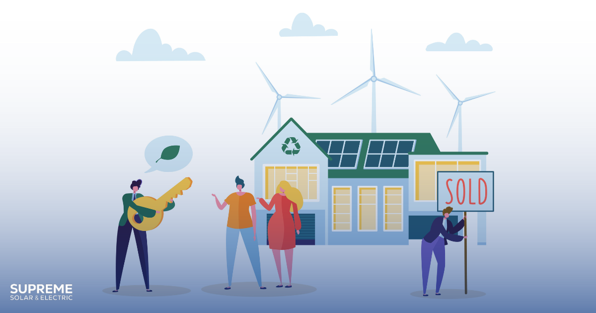 Eco House Concept with Happy People Buying new Home. Real Estate Agent with Clients and Key. Ecology Green Energy, Solar and Wind Power. Vector illustration