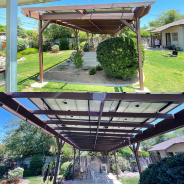 split view of a solar patio and the underside in the setting of a back yard