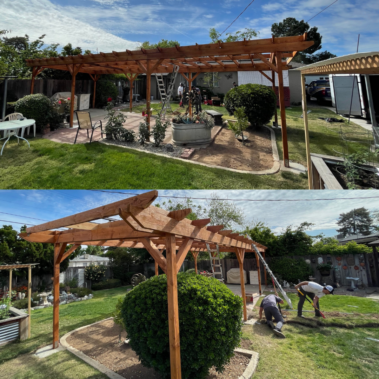 split view of a solar patio from to different vantage points in the setting of a back yard