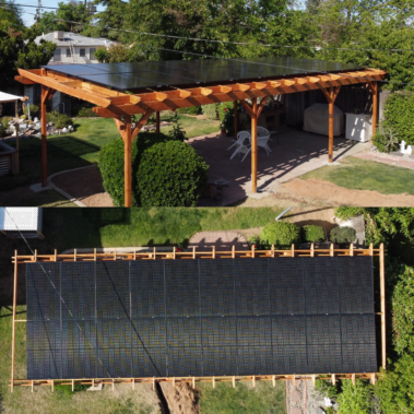 split view of a solar patio and the areal view in the setting of a back yard