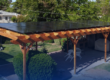 Why are all your neighbors getting solar patio covers? A pergola patio in a back yard has solar panels on top.