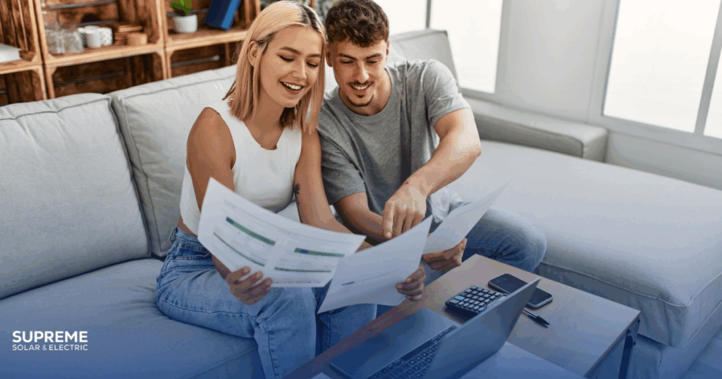 young couple sits on couch and looks over financials
