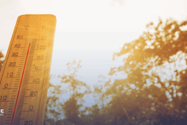 Fresno Heat and Solar Panels Do High Temperatures Affect Efficiency? A thermometer with a sunny background outside with trees in the background.