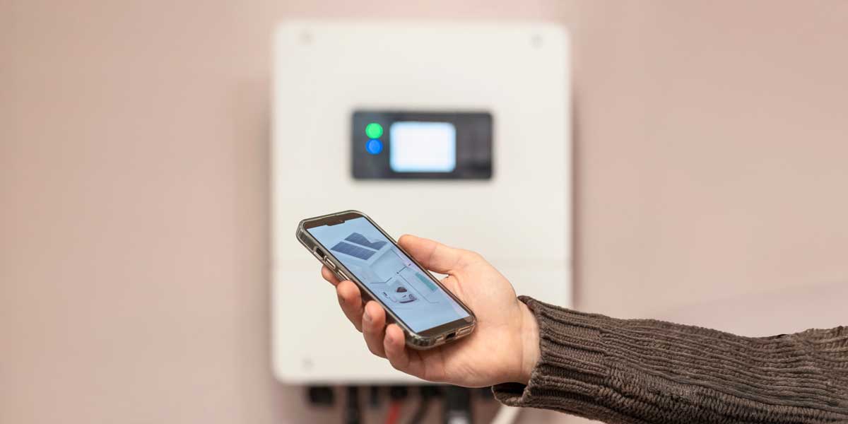 A hand holds a smartphone showing a solar energy monitoring app, with a white wall-mounted home battery inverter visible in the background.