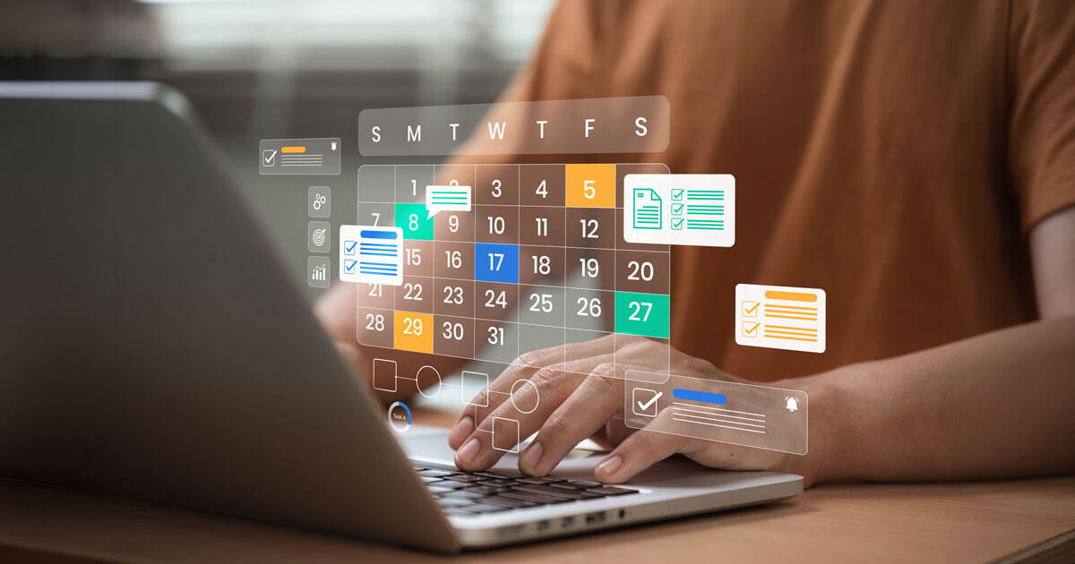A person typing on a laptop with a translucent overlay of a monthly calendar and task checklist icons representing project scheduling.